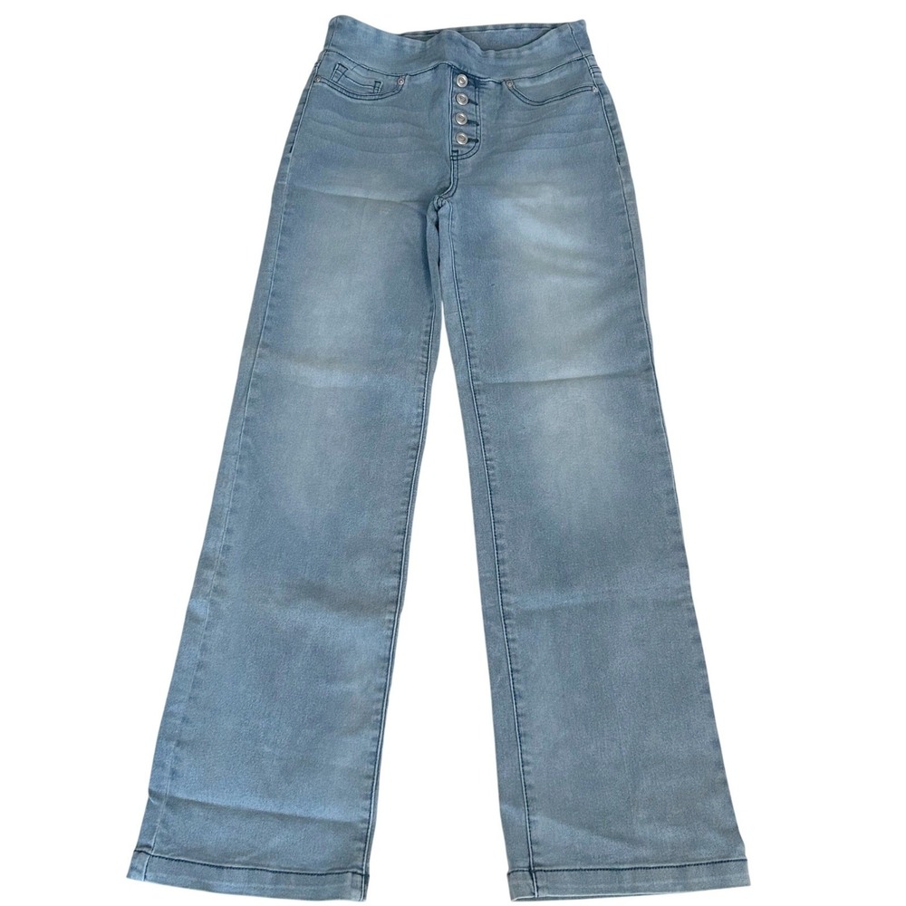 Wms High Rise Wide Leg Pull On Jeans‎ Light Wash Blue Button Detail DG2